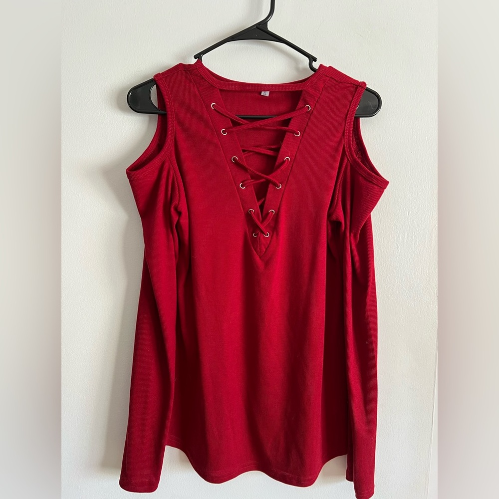 New red lace up sweater top